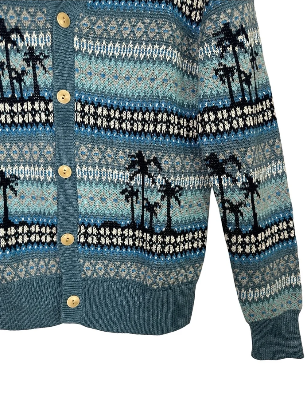 J. CREW Palm Tree Fair Isle Cardigan Blue Linen Cotton Coastal Beach Knit Size M